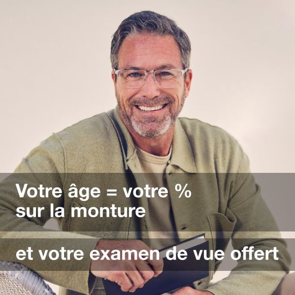 Votre &acirc;ge = votre % sur la monture et un examen de vue offert