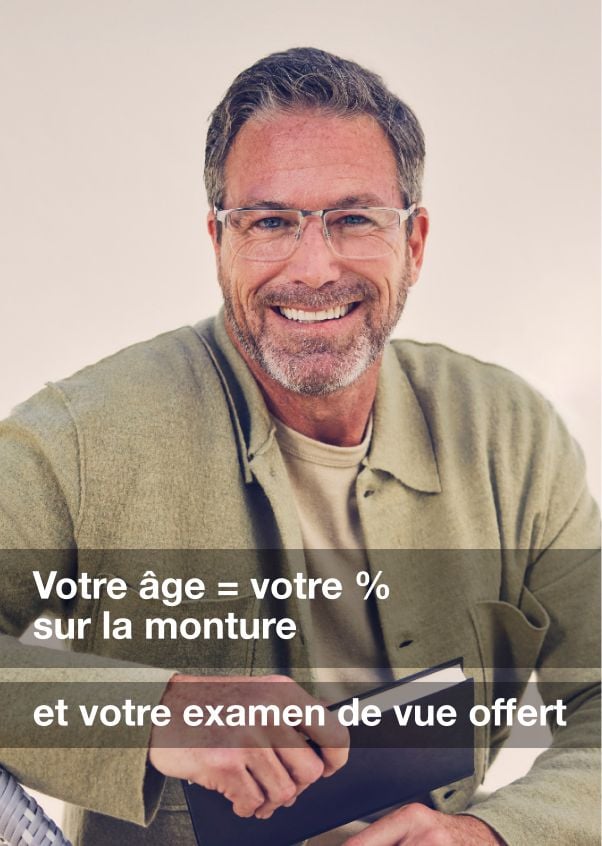 Votre &acirc;ge = votre % sur la monture et un examen de vue offert